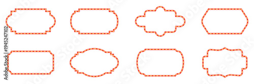 Set of vintage cinema marquee frames. Retro theater outline borders, decorative geometric ticket shapes, red and gold dashed line label collection.
