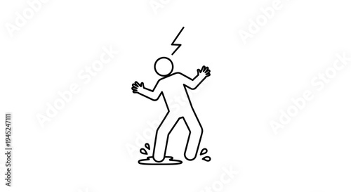 Shocked stick figure electrocuted by lightning strike in puddle