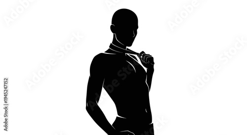 Silhouette of a confident person adjusting tie, business style, isolated on white background