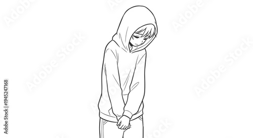 Shy Anime Girl in Hoodie Looking Down, Feeling Embarrassed or Sad