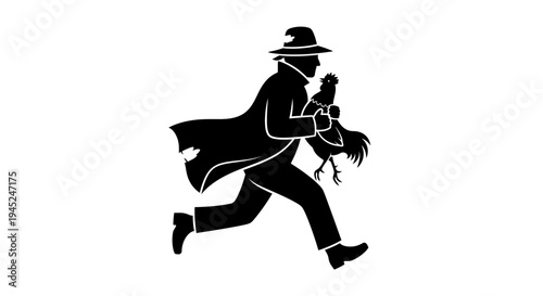 Silhouette of a Man in a Hat Running with a Chicken
