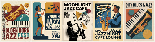 Vibrant jazz posters celebrate live music nights. Each design features musicians, instruments, and bold typography. Saxophones, trumpets, and pianos dominate the visual palette