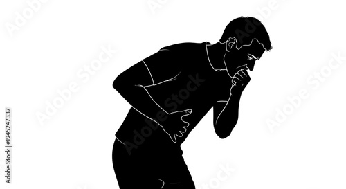 Silhouette of man coughing and holding stomach, sickness, illness, pain, discomfort