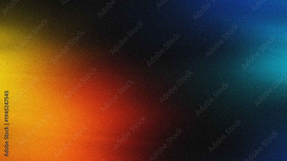 Obraz premium Abstract background featuring a vibrant color gradient from warm orange to cool blue. The design is enhanced with a heavy film grain and noise texture, creating a nostalgic, retro, and cinematic lo-fi