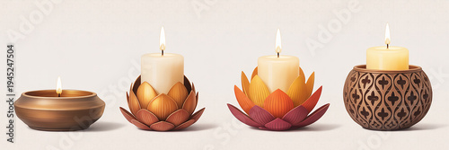Four illuminated decorative candle holders with lit candles in warm metallic tones and floral