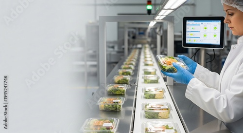 Factory worker in sterile uniform inspects pre packaged salad containers on a food production line