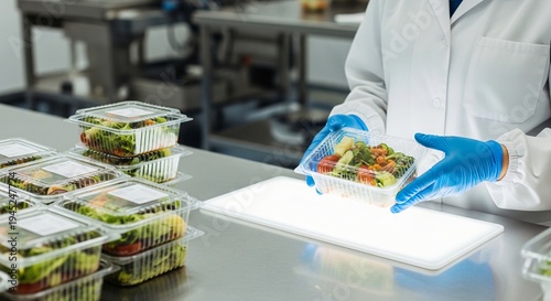 Food production worker in sterile uniform and gloves packaging fresh salads in clear containers