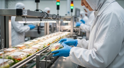 Food processing plant worker in clean room packaging salads on conveyor belt