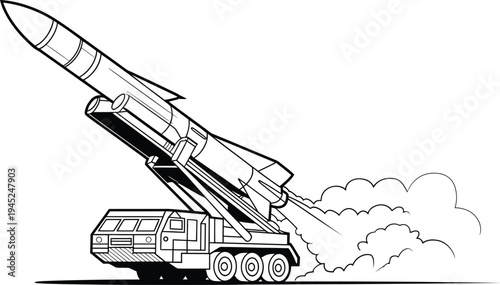 Rocket launch line drawing, clean black and white vector showing ground-based missile launcher firing rocket with smoke for military and defense design illustration.