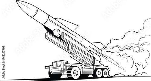 Rocket launch line drawing, illustration of missile firing from mobile ground-based launcher with smoke capturing dynamic motion and military technology concept.