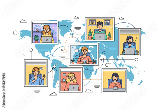 An illustration depicting a global network of diverse people working remotely on laptops, connected across a world map, symbolizing online collaboration and distributed teams.