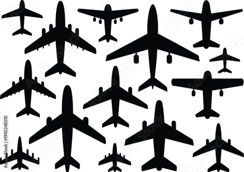 Airplane silhouette icon set, aviation and aircraft graphics, military and commercial plane symbols, flight tools, black vector, white background