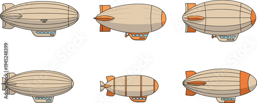 Vintage Airship Zeppelin Blimp Vector Set with Multiple Angles Side Views Retro Flying Balloon Aircraft Illustration Collection Isolated on White Background