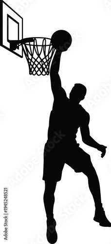 Basketball silhouette icon, slam dunk graphic, sports and athletic symbol, hoop and player action, black vector, white background