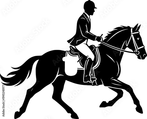Equestrian rider on a galloping horse. Black and white silhouette illustration of a person practicing dressage or horse racing. Minimalist sport icon isolated on white.