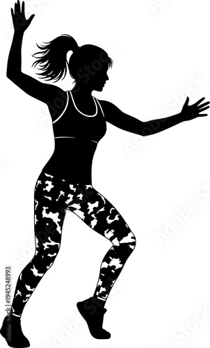 Silhouette of a woman dancing or doing aerobics. Fitness instructor in a dynamic pose with camouflage leggings. Black and white vector illustration for gym and workout.