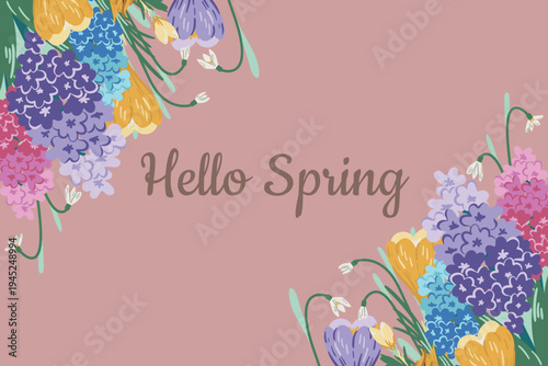 Hello Spring greeting card template with a diagonal floral corner frame