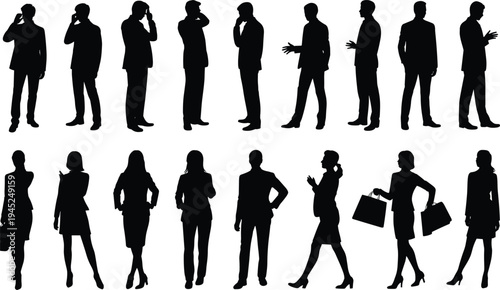 Business silhouette icon set, corporate people graphics, professional men and women symbols, office attire poses, black vector, white background