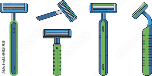 Set of disposable razor icons for shaving featuring various angles and designs in blue and green colors in flat cartoon style for personal care design.