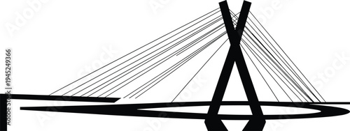 Cable-stayed bridge silhouette icon, landmark architecture graphic, civil engineering symbol, structural design tool, black vector, white background