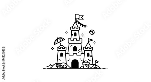 Minimalist Line Art Sandcastle with Beach Elements on White Background