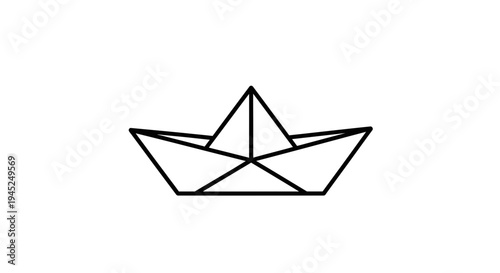 Minimalist Origami Paper Boat Icon, Simple Line Art, Isolated on White Background