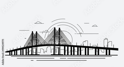 Modern Cable-Stayed Bridge Silhouette with City Skyline and Sun Rays