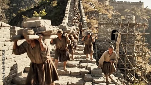 Ancient Chinese Great Wall construction workers carrying bricks up steep steps.