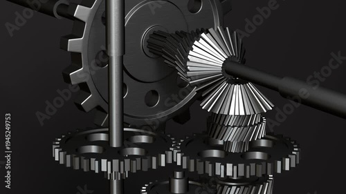 Rotating mechanical metal gears on a dark background in 4k resolution, seamless loop, 3d rendering.