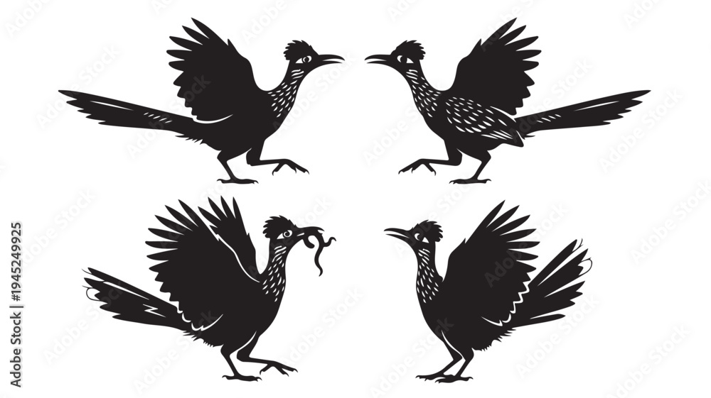 Fototapeta premium Set of 4 black roadrunner bird icons vector