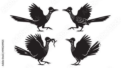 Set of 4 black roadrunner bird icons vector