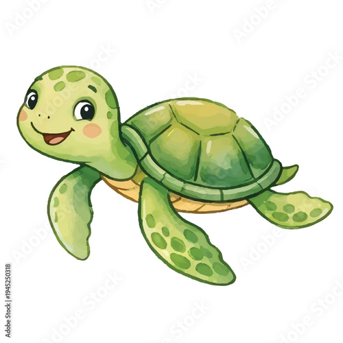 Happy cute green cartoon turtle with a smiling shell in nature
