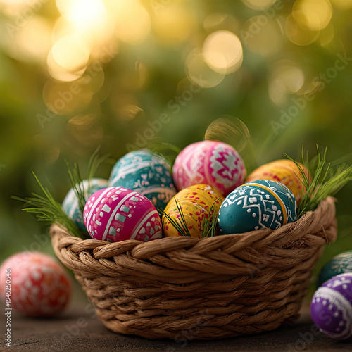 Colorful decorated Easter eggs in basket