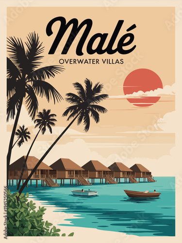 Overwater Villas Malé Wall Art Print, Vintage-Inspired Poster Featuring Thatched Roof Bungalows and Elegant Black Text