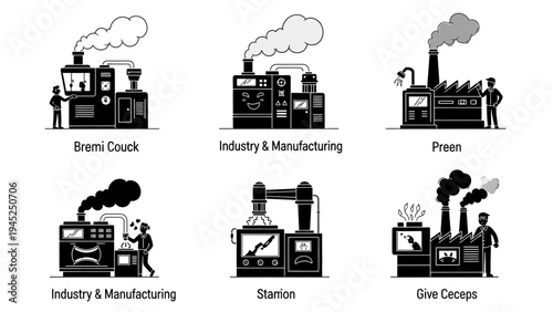 Industrial factory buildings with smoking chimneys vector illustrations, manufacturing plants with workers and machinery