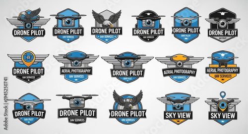 Collection of Drone Pilot Emblems and Logos for Aviation Enthusiasts.