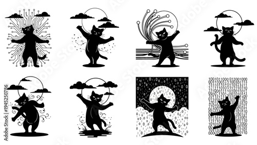 A collection of captivating black silhouette cat images depicting various themes from technology to nature and artistic expressions