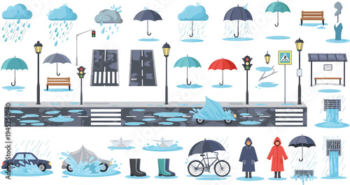Rainy Season Street Scene Elements Collection with Wet Roads Umbrellas Puddles Street Lamps Cars and City Rain Weather Vector Set