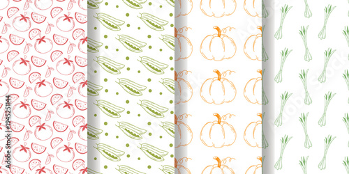 Set seamless patterns with colored engraved pumpkins, green peas, green onions and tomatoes. Hand drawn backgrounds with fresh healthy vegetables. Sketchy gardening prints, vector graphics