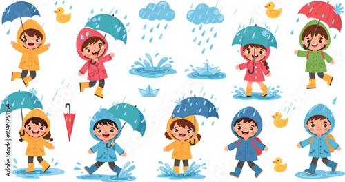 Cute Kids Playing in Rain Collection with Children in Raincoats Umbrellas Puddles Clouds and Rainy Day Cartoon Characters Vector Set