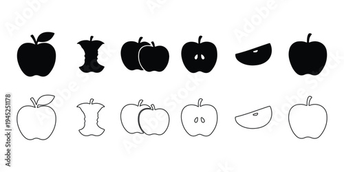 Apple fruit icon set with whole core slice and outline silhouettes