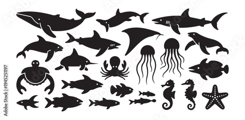 Predatory sea animals and mammals silhouettes including whales sharks stingrays and giant jellyfish