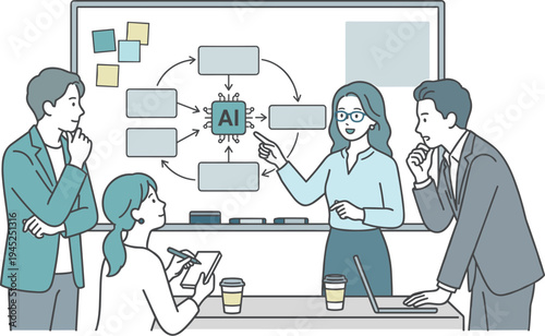AI活用について議論するビジネスチームのミーティングイラスト