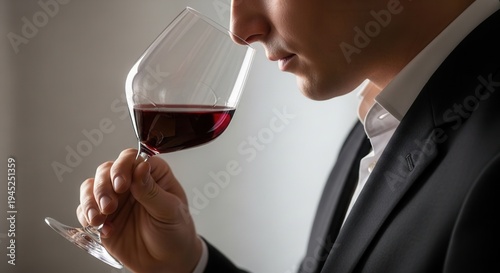 Profile view of a professional sommelier holding a glass of red wine for tasting, elegant man in a suit evaluating wine color and aroma, sophisticated restaurant service concept.