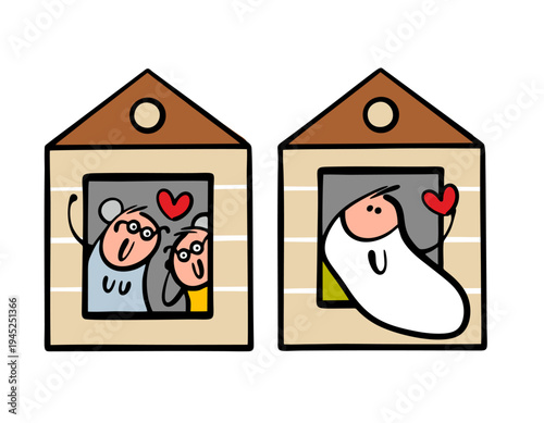 Care home. Old men and women live in a comfortable house, receive medical care and care. Vector illustration of satisfied men and women waving from a building window.
