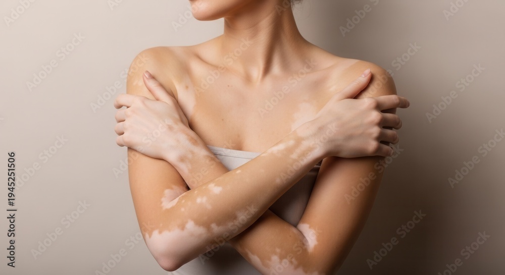 Fototapeta premium Emotional portrait of woman with vitiligo embracing her body. Concept of self-acceptance, skin health, and beauty standards. Soft lighting highlighting skin pigmentation patterns.
