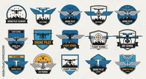 Collection of drone pilot emblems featuring winged drones and cityscape silhouettes.