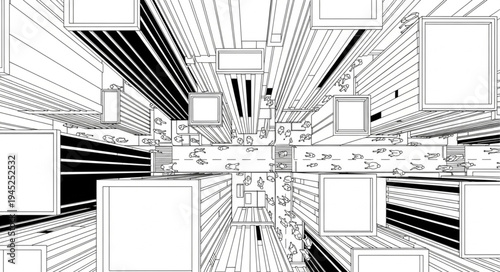 Abstract Digital Space with Floating Rectangles and Lines.