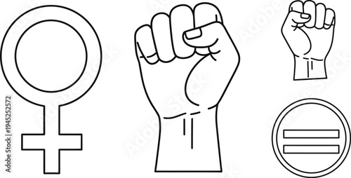 Symbolic line art illustration featuring the female gender sign, a strong raised fist, and the equality symbol, representing women's rights and empowerment movements.