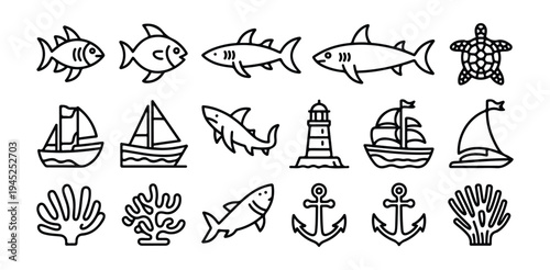 Nautical sea life outline icons set with marine fish sailboat anchor lighthouse shark and turtle